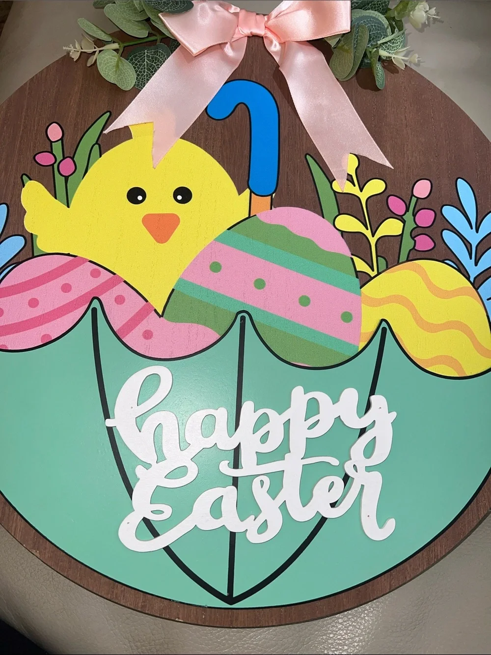 Happy Easter Wall Sign with Pink Bow and Pastel Accents